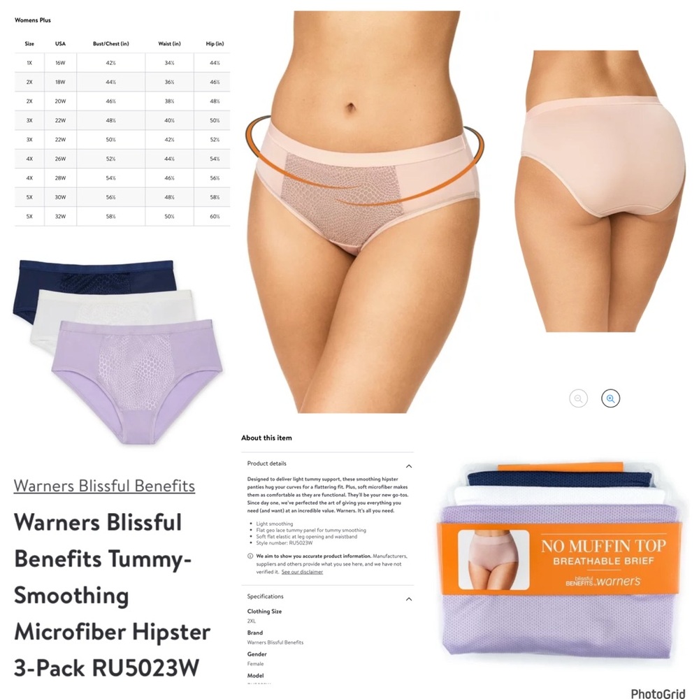Blissful benefits warners xxxl plus sz 3 pack tummy smoothing hipster panty nwt